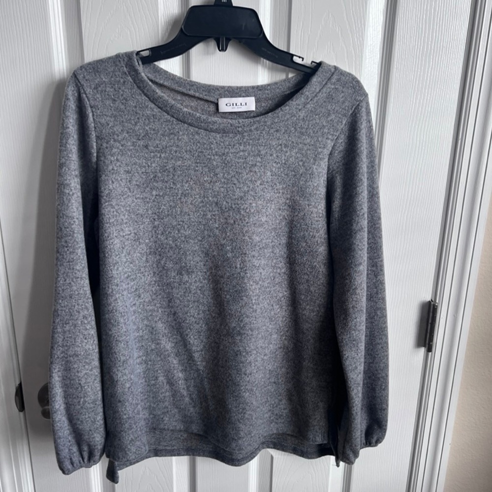 Gilli Womens Grey Soft Knit Lantern Sleeve High-Low Top Medium Made in USA